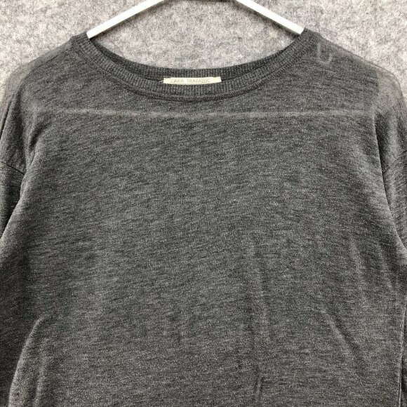 Zara Lightweight Sweater Womens S Gray Thin Knit Crewneck Elbow Patch Relaxed - Picture 3 of 12